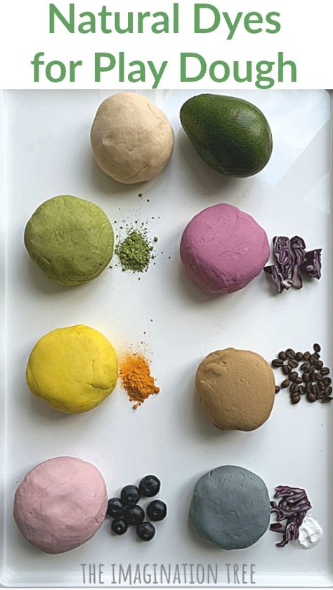 How to make some totally gorgeously colored natural dyes for play dough using plants and kitchen cupboard ingredients! Add these natural dyes to my best ever, no-cook, zero waste play dough recipe for a brilliantly, all natural play experience for your little ones! Toddler Nature Activities, Diy With Kids, Play Dough Recipe, Imagination Tree, Natural Play, Nature School, Playdough Recipe, Deco Nature, Nature Play