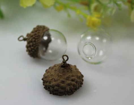 Globe Terrarium, Acorn Caps, Acorn Crafts, Acorn Pendant, Glass Vials, Fairy Garden Diy, Resin Charms, Nature Crafts, Diy Schmuck