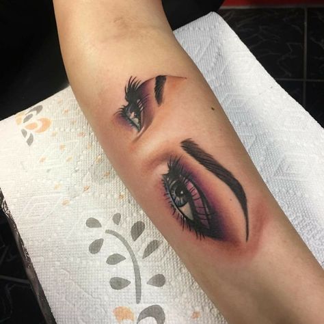 Eye Tattoo Of Girlfriend, Eyes Tattoo Ideas Women, Woman’s Eye Tattoo, Eye Tattoos On Hand, Wifes Eyes Tattoo, 3rd Eye Tattoo Ideas, Eyes Tattoos For Women, Makeup Tattoos For Women, Womens Eye Tattoo