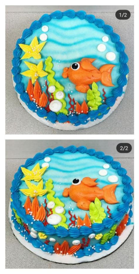 Fish Cake Decorating Ideas, Single Layer Round Cake Designs, Easy Summer Cake Decorating Ideas, Dairy Queen Ice Cream Cake Designs, Summer Themed Cakes, Summer Cake Designs, Round Cake Designs, Summer Cake Ideas, Dairy Queen Cake