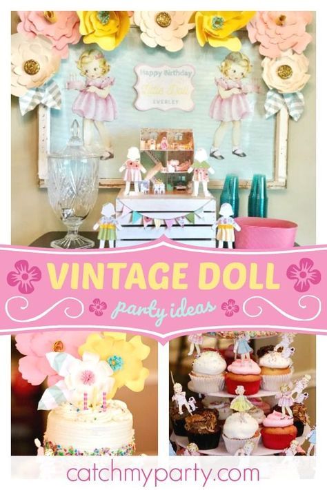 Take a look at this pretty vintage doll birthday party! The cupcakes are  adorable! See more party ideas and share yours at CatchMyParty.com #catchmyparty #partyideas #vintageparty #girlbirthdayparty #dollparty Baby Doll Party Theme, Baby Doll Birthday Party, Doll Themed Birthday Party, Doll Party Ideas, Baby Doll Party, Unicorn Baby Shower Theme, Doll Birthday Party, Vintage Party Ideas, Doll Tea Party