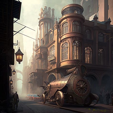 Art Nouveau Steampunk, Art Deco Fantasy City, Steampunk Factory Concept Art, Steampunk City Art, Steampunk City Concept Art, Dieselpunk City, Steampunk Cityscape, Steampunk Building, Steampunk Workshop