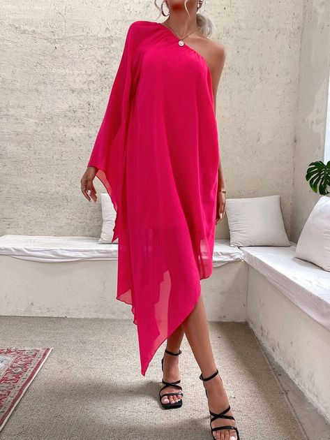 One Shoulder Batwing Sleeve Hanky Hem Dress | SHEIN USA One Shoulder Kaftan Dress, One Shoulder Kaftan, Batwing Dress, Hanky Hem, African Fashion Women Clothing, African Fashion Women, Fashion Hacks Clothes, Kaftan Dress, Hem Dress