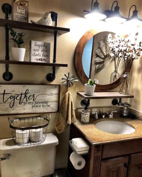 Farm Half Bathroom Ideas, Small Bathroom Remodel Farmhouse Rustic, Western Toilet Design, Small Bathroom Western Decor, Cow Bathroom Decor Ideas, Rustic Bathroom Faucets, Rustic Farmhouse Bathroom Lowe's, Rustic Bathroom Decor Ideas, Country Bathroom Ideas