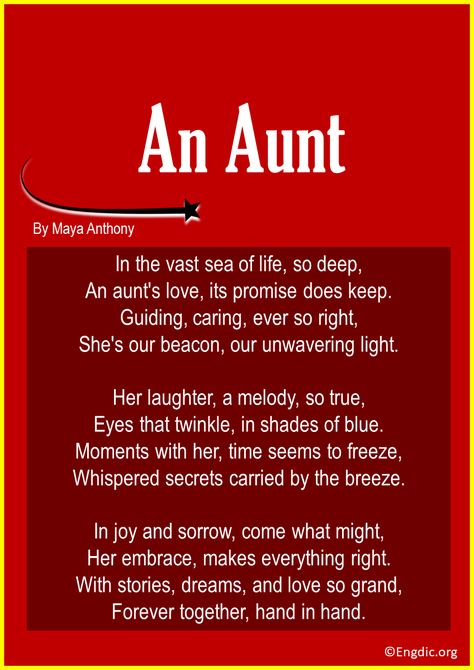 An aunt often holds a special place in our hearts, being both a guiding light and a dear friend. Delve into these 11 sweet poems that beautifully capture the essence of this unique bond, celebrating the warmth, wisdom, and love of an aunt. Short Poems For Aunt 1. Unwavering Light This poem cherishes the steady presence of an aunt in our lives. Just as a lighthouse guides ships safely to shore, an aunt provides guidance and unconditional love to her niece or nephew. In the vast sea of life,... Daily Inspiration Quotes Motivation, Short Christmas Poems, Birthday Quotes For Aunt, Sweet Poems, Down With Love, Aunt Quotes, Funny Poems, Forever Mine, Birthday Poems