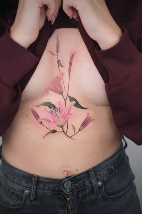 Experiments with Realism by tattoo artist Karen Tsvetnoy | iNKPPL Romantic Tattoo, Beautiful Flower Tattoos, Lily Tattoo, Tatuaje A Color, Botanical Tattoo, Sternum Tattoo, Dream Tattoos, Tattoos Gallery, Tattoo Placement