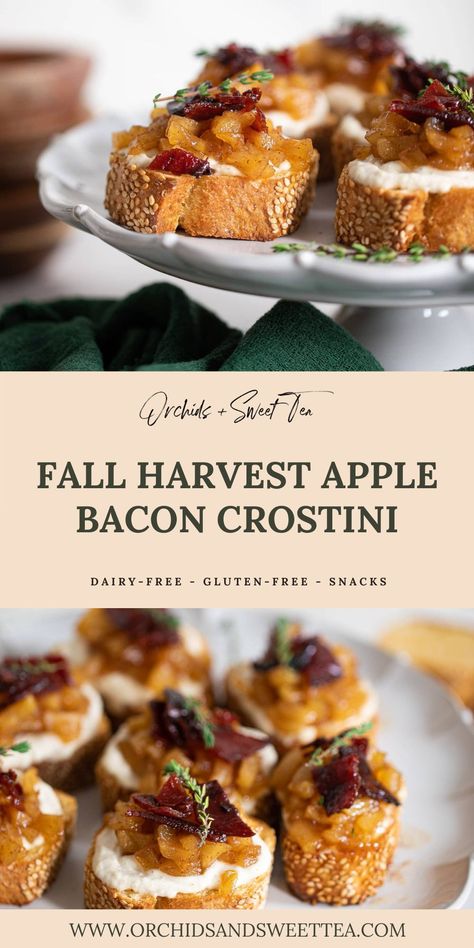 Apple Bacon Crostini, Fall Tapas, Crustini Appetizers Fall, Savory Fall Snacks, Fall Crostini, Bacon Crostini, Fall Recipes Appetizers, Savory Apple Recipes, Fall Creations