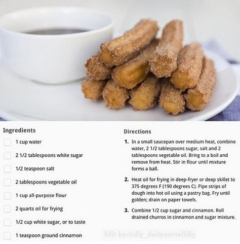 Churros - hubby loves these - will have to give it a try. Homemade Churros, Churros Recipe, Yummy Food Dessert, Diy Food Recipes, Diy Food, Dessert Recipes Easy, Cooking And Baking, Sweet Recipes, Mexican Food Recipes