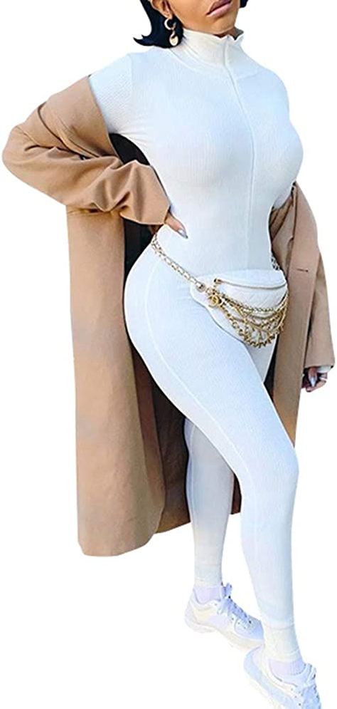 Glamaker Women's One Piece Zip Up Bodycon Jumpsuit Sexy Long Sleeve Turtleneck Onesies Rompers Playsuit Clubwear White Clothing Aesthetic, Mamma Mia Costume, Space Cowgirl Costume, Unique Halloween Costume Ideas, Costume Cowgirl, Cruella Costume, My Halloween Costume, Bodycon Bodysuit, Space Cowgirl