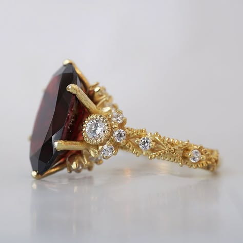 Oval Garnet Queen Victoria Diamond Ring in 14K and 18K Gold – Tippy Taste Jewelry Ruby Red Wedding Ring, Red Diamond Wedding Ring, Garnet Diamond Ring, Red Engagement Ring Unique, Persephone Engagement Ring, Ruby And Gold Ring, Gold Red Jewelry, Ruby Jewelry Ring, Red Engagement Ring