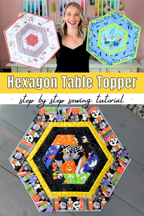 Hexagon Table Runner Free Pattern, Hexagon Table Toppers Quilted Patterns Free, Hexagon Placemats Tutorials, Hexagon Placemats Patterns, Table Topper Quilt Patterns Free, Hexagon Placemats, Halloween Table Topper Free Pattern, Hexagon Quilt Pattern Free Table Toppers, Round Quilt Table Toppers Free Pattern