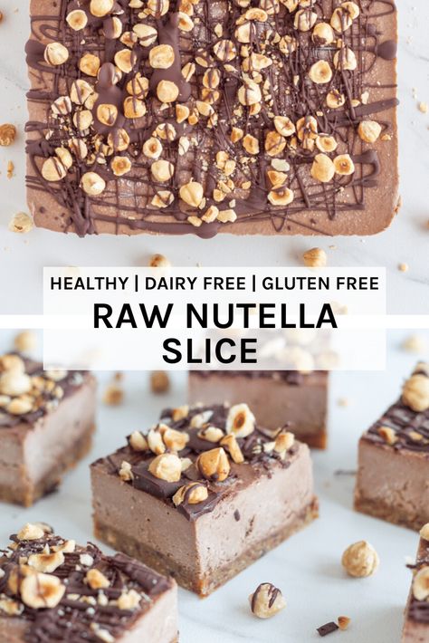 Raw Nutella slice. This delicious no-bake bar is made with my version of the super popular choc nutty spread but with way less sweetener (non-refined too) plus it is super easy to make. Nutella Slice, Raw Dessert Recipes, Raw Vegan Desserts, Raw Recipes, Dairy Free Gluten Free, Raw Cake, Healthy Sweet Treats, Raw Desserts, Slices Recipes