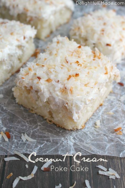 Coconut Cream Poke Cake - Delightful E Made Coconut Cream Poke Cake, Fluffy White Cake, Cream Poke Cake, Coconut Poke Cakes, Coconut Cake Recipe, Coconut Desserts, Poke Cake Recipes, Poke Cakes, Cake Central