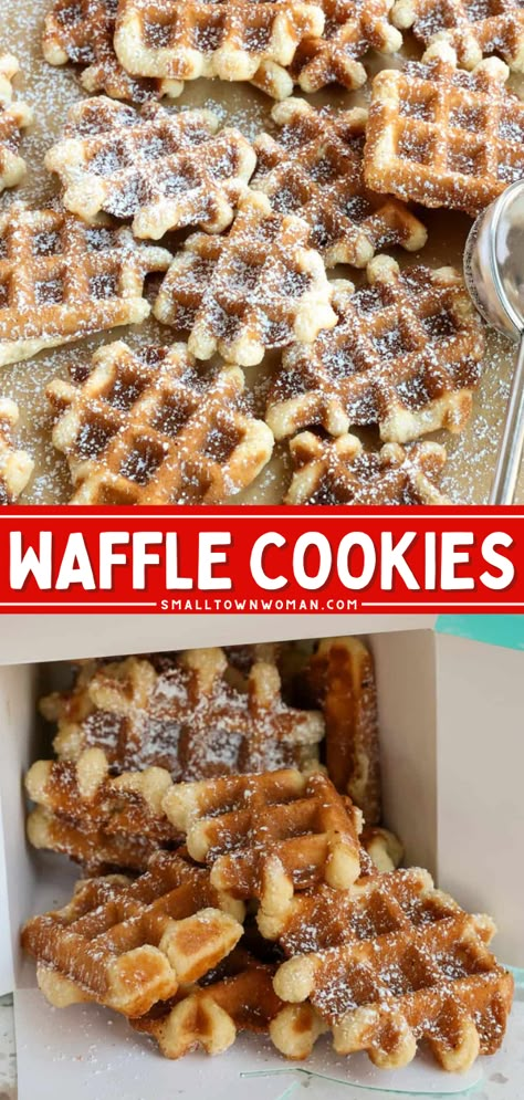 Learn how to make Waffle Cookies! They're an easy holiday dessert. Dusted in powdered sugar, this Christmas cookie exchange recipe tastes like crispy, buttery vanilla waffles! Waffle Cookies Recipe, Waffle Iron Cookies, Vanilla Cookie Recipe, Easy Cookie Recipe, Waffle Iron Recipes, Mini Waffle Maker, Crazy For Crust, How To Make Waffles, Waffle Maker Recipes