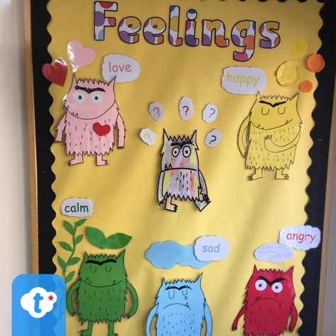 Feelings monsters are a fun way to encourage children to develop an understanding of feelings and emotions. Each monster represents a different feeling, such as happy, sad, anger, fear, or love. Encourage children to talk about how they think each monster is feeling and why. Download the templates to create your own display. #feelings #emotions #feelingsmonsters #moodmonsters #teaching #teacher #classroomdecor #classroomdisplay #behaviourmanagement #teachingresources #twinkl #twinklresources Eyfs Feelings Display, Feelings And Emotions Bulletin Board, Colour Monster Feelings Display, Emotions Decoration Classroom, Emotions Wall Display, Emotions Display Classroom, The Colour Monster Display, Emotions Decorations, Colour Monster Display