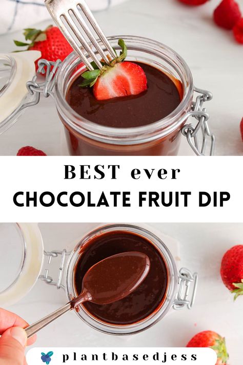 View on a strawberry dipping in a vegan chocolate sauce. Dairy Free Chocolate Sauce, Vegan Chocolate Dipped Strawberries, Vegan Chocolate Dip, Chocolate Dipping Sauce For Fruit, Non Dairy Fruit Dip, Dairy Free Fruit Dip, Vegan Fruit Dip, Marshmallow Dip For Fruit, Nutella Fruit Dip