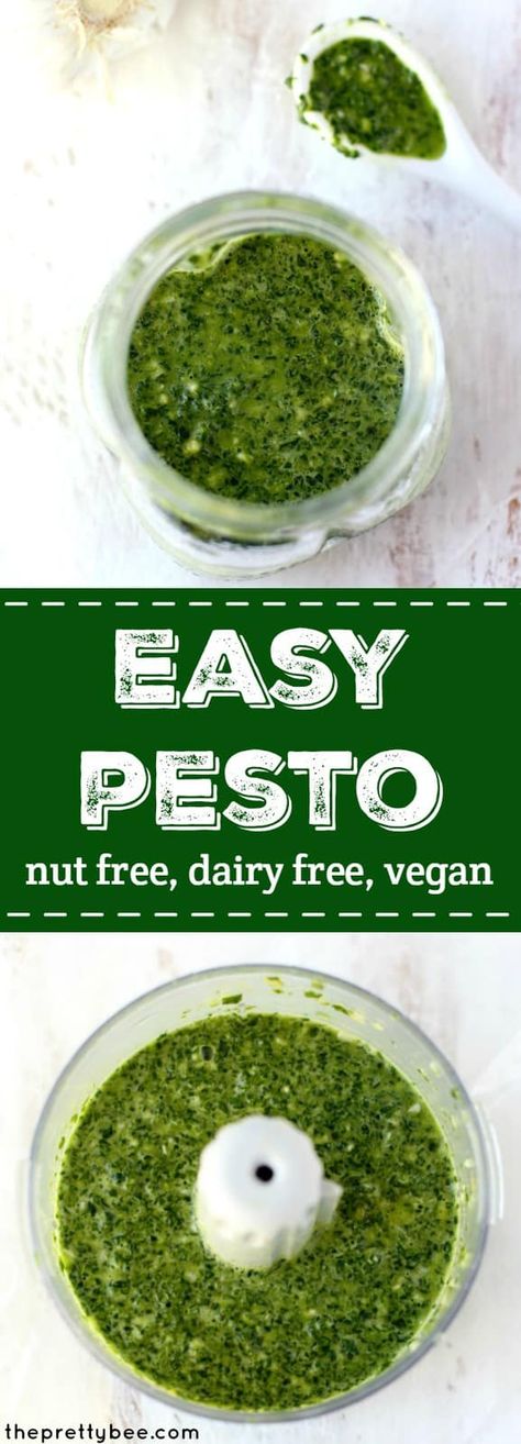 Simple, tasty pesto recipe that's dairy free and nut free! #vegan #dairyfree #nutfree #glutenfree Nut Free Pesto, Dairy Free Pizza, Dairy Free Pesto, Nut Free Recipes, Vegan Sauces, Recipes Lunch, Allergy Free Recipes, Allergy Friendly Recipes, Recipes Soup