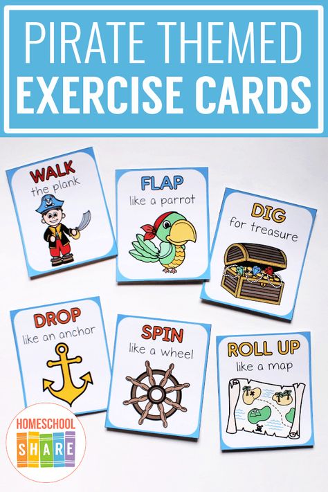 Pirate Exercise Cards – Homeschool Share Pirate Unit Preschool, Pirate Alphabet Letters Free Printable, Pirate And Mermaid Theme Preschool, How I Became A Pirate Activities, Pirate Lesson Plans, Pirate Lesson Plans For Preschool, Pirate Crafts Preschool, Pirate Activities Preschool, Pirate Maths