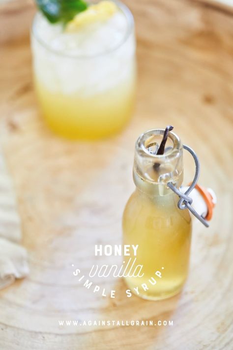 This Vanilla Honey Simple Syrup packs a sweet boost of flavor with fresh vanilla bean. It's a versatile kitchen staple that's easy to make! #againstallgrain #paleo Honey Vanilla Syrup, Honey Vanilla Cinnamon Simple Syrup, Honey Coffee Syrup, Paleo Coffee Syrup, Simple Syrup With Honey, Coffee Airstream, Honey Simple Syrup Recipe, Vanilla Simple Syrup, Vanilla Syrup For Coffee