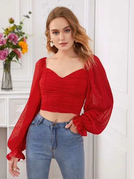 Sweetheart Neck Ruched Swiss Dot Chiffon Crop Top | SHEIN USA Crop Tops Designs For Jeans, Jean Top Outfits, Bowknot Blouse, Gown Dress Party Wear, Pink Boat, Casual Oufits, Chiffon Crop Top, Crop Top With Jeans, Crop Top Designs