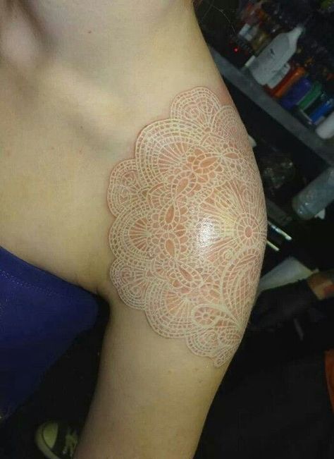 Doily Tattoo, Brown Tattoo Ink, Awful Tattoos, Lace Tattoo Design, Tattoo Thigh, History Tattoos, White Ink Tattoo, Lace Tattoo, Modern Tattoos