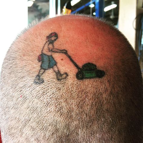 Lawn Mower Tattoo, Funny Tattoo Ideas, Funny Small Tattoos, Tattoos 2022, Mowing The Lawn, Funny Tattoo, Bald Guy, Humorous Pictures, Vintage Cowgirl Art