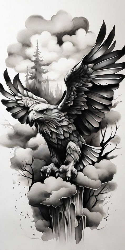 Black And Grey Forest Tattoo, Realistic Eagle Tattoo Design, Forest Tattoo Design, Eagle Shoulder Tattoo, Eagle Tattoo Design, Eagle Chest Tattoo, Bird Tattoos Arm, Bats Tattoo Design, Forest Tattoo