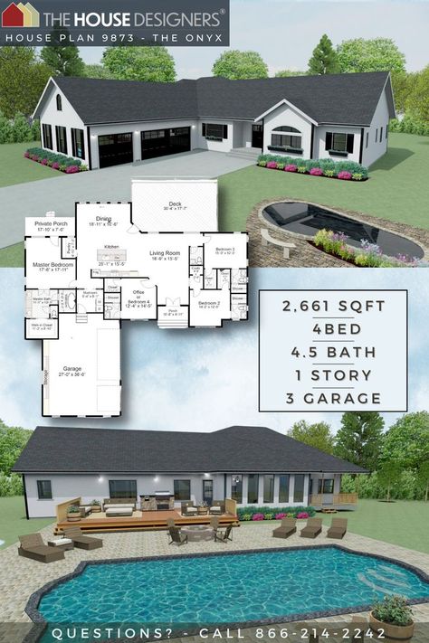 Introducing The Onyx, an affordable one story, 2,661 square foot house plan with 4 bedrooms, 4 1/2 baths and 3 car garage. This beautiful home offers striking curb appeal and features large windows allowing the nature to flood the home with natural light. Modern Farmhouse Ranch, Duplex Floor Plans, Deck Dining, Bedroom Traditional, Ranch Style House, Ranch House Plan, Ranch Style House Plans, Traditional House Plan, Traditional House Plans