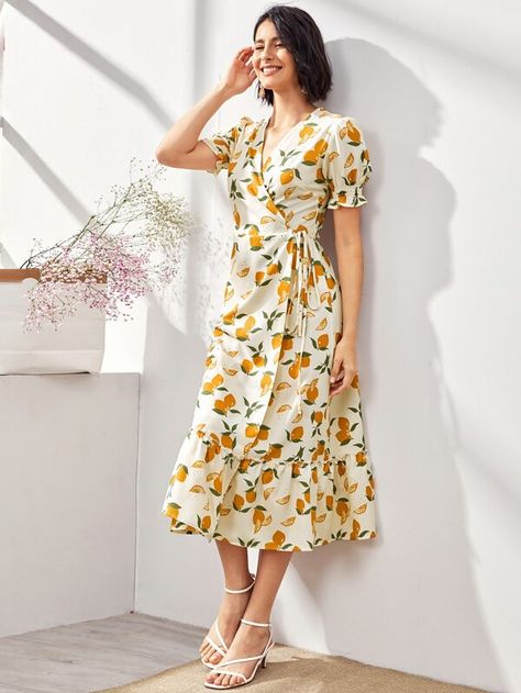 Lemon Print Tie Side Wrap Ruffle Hem Dress | SHEIN USA Ruffle Wrap Dress, Lemon Dress, Lemon Print, Ruffle Hem Dress, Printed Ties, Tee Dress, Hem Dress, Women Dresses, V Neck Dress