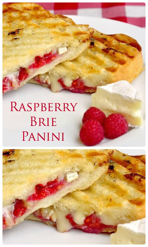 You might call this raspberry brie panini a posh grilled cheese but it's a versatile idea that's an indulgent lunch treat but I've even cut them into hors d'ouevre size for cocktail parties. They are always a big hit! Raspberry Brie, Brie Panini, Panini Press Recipes, Grill Sandwich, Panini Sandwich, Panini Sandwiches, Panini Recipes, Panini Press, Grilled Sandwich