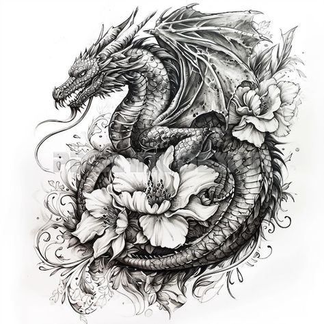 InklyTattooDesigns - Etsy Thailand Dragon Tattoo Add On, Woman With Dragon Tattoo, European Dragon Tattoo Design, Dragon Tattoo Over Shoulder, Dark Mythical Tattoo, Women’s Dragon Tattoo, Fierce Dragon Tattoo, Floral And Animal Tattoo, English Dragon Tattoo