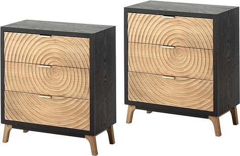 Amazon.com: COZAYH 3-Drawer Farmhouse Dresser Set of 2 with Handcrafted Wood Ring Motif, Black Nightstand for Living Room, Bedroom, Fully-Assembled, Rustic Morden : Everything Else Rustic Dressers, Mid Century Chic, Farmhouse Dresser, Black Nightstand, Rustic Nightstand, Ring Pattern, Dresser Set, Nightstand Set Of 2, 3 Drawer Nightstand