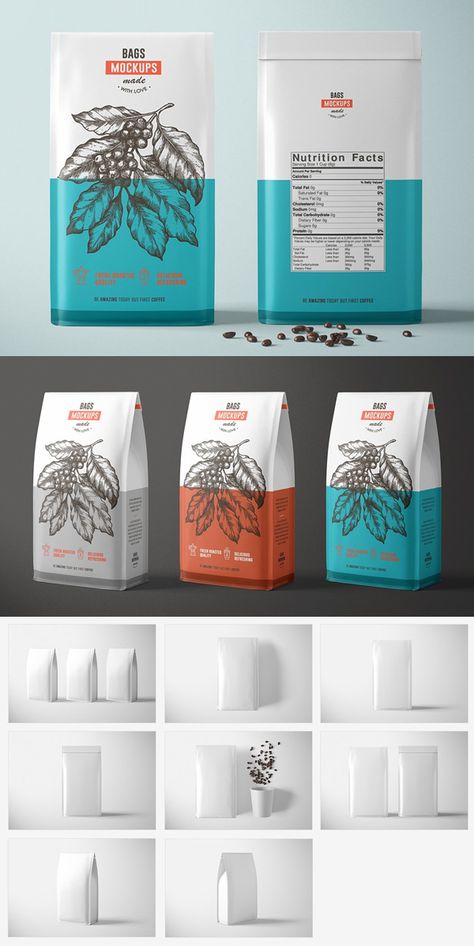 Paper Coffee Bag Mockup Set Tea Website, Paper Bag Design, Product Packaging Design, Coffee Pack, Packaging Template Design, Coffee Box, Paper Pouch, Packaging Template, Food Poster Design