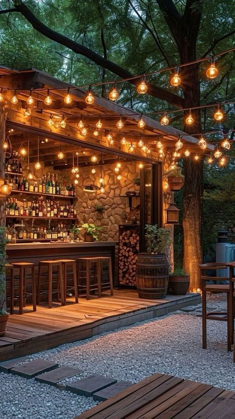 Bistro Lights Backyard Patio, Outdoor Cafe Patio, Bistro Exterior, Bistro Lights Backyard, Backyard Restaurant, Backyard Cafe, String Lighting, Outdoor Restaurant Design, Outside Bars