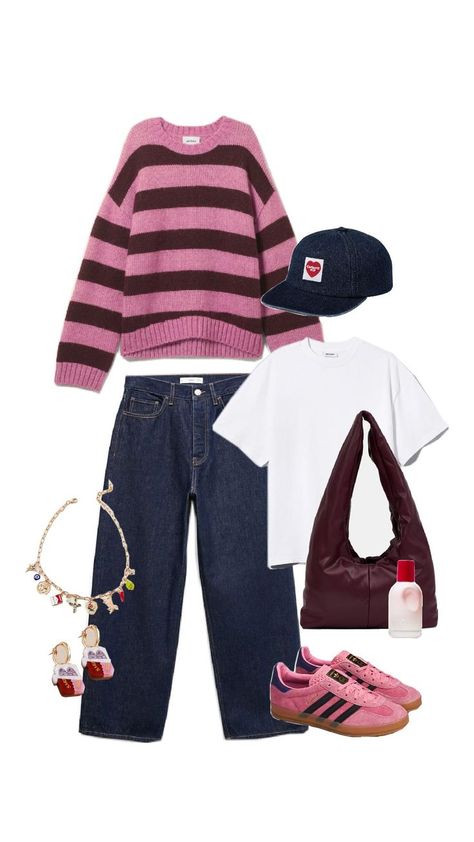 For a playful yet comfy vibe this Fall 2024, go for a relaxed fit with fun accents. 🎀   Layer a pink and burgundy striped oversized sweater over a basic white tee and pair it with dark wash barrel leg jeans.   Add pink Adidas Gazelles, a burgundy bag, a denim cap, and charm jewelry for a funky, laid-back touch.  #FallOutfit #Trends2024 #RelaxedFit #FunStyle #StripedSweater #BarrelLegJeans #PinkAdidasGazelle #BurgundyBag #DenimCap #CharmJewelry #FunkyLook #FallFashionInspo Pink Adidas Outfit, Pink Bags Outfit, Dark Pink Sweater, Pink Sweater Outfit, Adidas Gazelle Outfit, Striped Oversized Sweater, Barrel Leg Jeans, Adidas Gazelles, Baggy Outfit Ideas