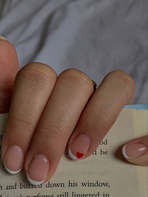 Short French Tip Nails No Acrylic, Short Nail With Heart, February Nail Inspo Short, Valentines Nails Short French Tip, Short French Tips Valentines, Heart French Tip Nails Short, Valentines Nail Inspo Short, Valentines Day Nails Biab, Simple Valentines Day Nails French Tip