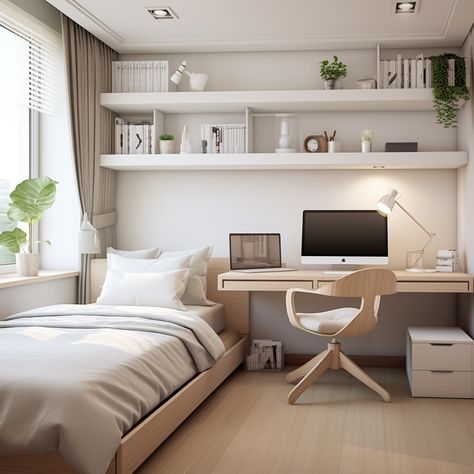 Embrace the calming effect of these modern home office bedrooms with a soft, earthy palette and natural lighting. #HomeOfficeBedroom #EarthTones #8KResolution #LayeredDepth #OrganizedChaos Modern Student Room Design, Junior Bedroom Ideas, Junior Room Design, Tiny Bedroom Office, Bedroom For Students, 10m2 Bedroom, Student Bedroom Ideas, Small Guest Bedroom Office Combo, Light Airy Bedroom