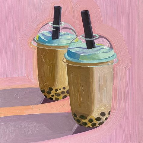 Leah 💫 Oil Painter on Instagram: “I ❤️ bobies” Boba Painting Canvas, Boba Things, Tile Board, Taiwanese Cuisine, Tea Illustration, Paint Inspo, Tea For Two, Food Painting, Expressive Art