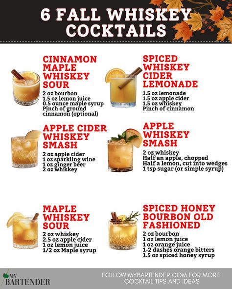 MyBartender.com | Cocktail Recipes + Tips | Sip into fall with these cozy whiskey cocktails! Perfect for chilly nights and crisp air, with flavors like apple, cinnamon, and spice.… | Instagram Fall Whiskey Cocktails, Apple Cider Whiskey, Whiskey Lemonade, Bourbon Old Fashioned, Post For Instagram, Maple Whiskey, Whiskey Smash, Cinnamon Whiskey, Honey Bourbon