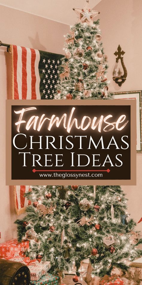 farmhouse christmas tree with lights, ornaments, flag, star Colonial Christmas Tree Decorations, Signs In Christmas Tree, Red And Gold Rustic Christmas Tree, Farmhouse Christmas Tree Garland, Christmas Tree Ideas Hobby Lobby, Farmhouse Tree Christmas, Christmas Tree Topper Ideas Diy Rustic, Christmas Tree Old Fashioned, Live Christmas Tree Ideas Decorating