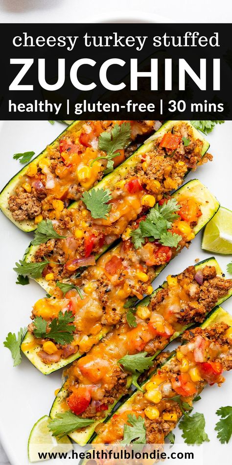 These healthy Southwestern ground turkey and quinoa stuffed zucchini boats that are packed with flavor, high protein, and gluten-free. The perfect under-30-minute weeknight dinner and meal prep lunch! Turkey Stuffed Zucchini Boats, Ground Turkey And Quinoa, Turkey Stuffed Zucchini, Healthy Lunch Dinner, Cheesy Quinoa, Turkey Quinoa, Quinoa Stuffing, Stuffed Zucchini Boats, Ground Turkey Recipes Healthy