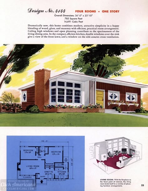 Classic house plans from 1955 - 50s suburban home designs at Click Americana (24) - Click Americana Classic House Plans, Mid Century House Plans, 50s House, Mid Century Modern House Plans, Oasis Springs, Ranch Houses, Midcentury House, Modern Floor Plans, Sims House Ideas