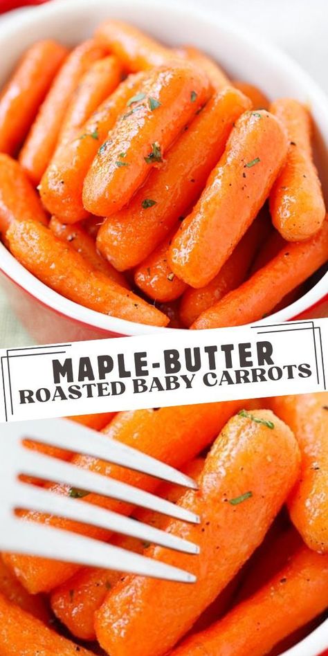 Maple-Butter Roasted Baby Carrots - tender and soft baby carrots roasted with sweet maple-butter. Great and healthy side dish for the entire family!! Sweet Cooked Carrots, Sweet Baby Carrots Recipe, Maple Bacon Carrots, Baked Baby Carrots, Baby Carrots Side Dish, Soft Carrots, Maple Carrots, Baby Carrots Recipe, Cooked Baby Carrots