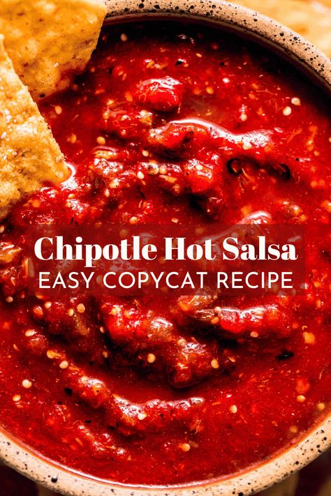 Spice up your life with this copycat Chipotle Hot Salsa! It’s a tomatillo and red chili salsa that’s easy to make at home and packed with layers of nuanced, spicy flavors. Perfect with tortilla chips, tacos, burrito bowls, and more! Copycat Chipotle Salsa, Chipotle Hot Salsa, Tomatillo Red Chili Salsa, Hot Salsa Recipe, Red Chili Salsa, Hot Salsa Recipes, Chipotle Salsa Recipe, Chipotle Copycat Recipes, Copycat Chipotle