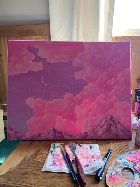 Dreamy pink and purple clouds and mountain landscape painting with acrylic. Colorful bright landscape on canvas. Purple Pink Skies, Bright Landscape, Landscape On Canvas, Purple Clouds, Purple Painting, Pink Skies, Mountain Landscape Painting, Colorful Clouds, Simple Canvas Paintings