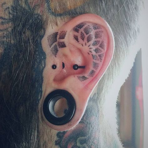 Mens Ear Tattoo Ideas, Tattoo For Ear, Ear Tattoo Men, In Ear Tattoo, Mandala Ear Tattoo, Ear Tats, Dot Work Ear Tattoo, Ear Tattoos For Men, Viking Ear Tattoo