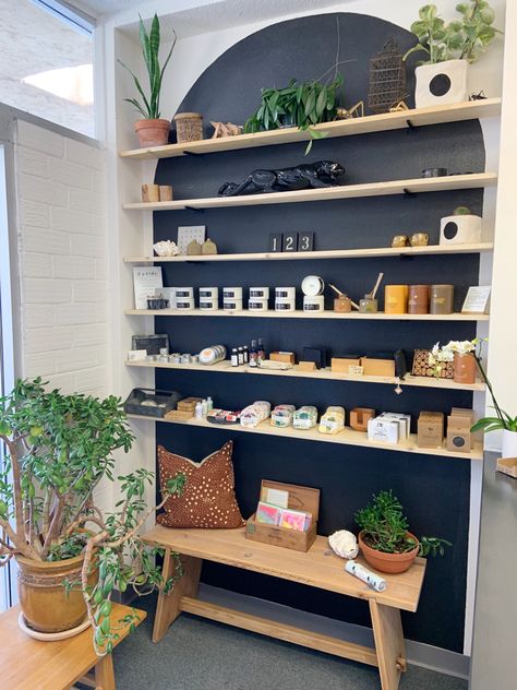 Small Massage Room Ideas Office, Retail Store Shelf Display Ideas, Ikea Store Display Ideas, Retail Wall Shelving, Small Store Ideas Shops Retail Design, Apothecary Shelves Display, Small Shop Booth Ideas, Yoga Studio Retail Display, Retail Product Display Ideas