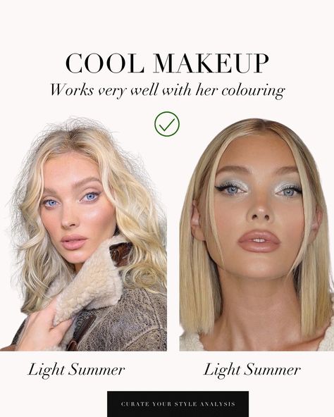 A Light Spring VS Light Summer comparison of Elsa Hosk 🤍 . #coloranalysis #colouranalysis #coloranalyst #lightsummer #lightspring #elsahosk Spring Vs Summer Color Analysis, Light Spring Vs Light Summer, Soft Summer Makeup Palette, Light Summer Makeup Looks, Light Summer Aesthetic, Light Spring Makeup, Soft Summer Hair, Makeup Color Palette, Light Summer Makeup