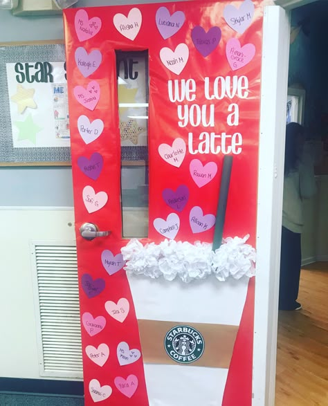 Valentines Day Classroom Door Decor. We love you a latte! Valentines Door Decorations Classroom, Valentines Day Classroom, Valentines Classroom Door, Valentine Bulletin Boards, Classroom Door Decor, Teacher Appreciation Doors, Valentines Day Bulletin Board, Valentines Bricolage, Valentine Door Decorations