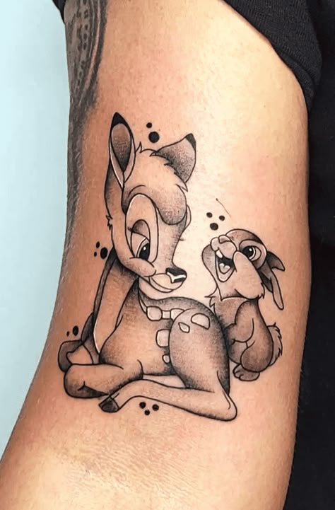 Bambi Tattoo Design, Bambi And Thumper Tattoo, Bambi Tattoo Ideas, Thumper Tattoo, Disney Leg Tattoo, Disney Leg Sleeve, Bambi Tattoo, Butterfly Tattoos Images, Tattoos Disney